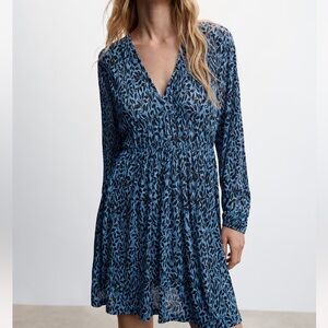 NWOT MANGO Textured Floral Pattern Dress, Size 6, Color Blue